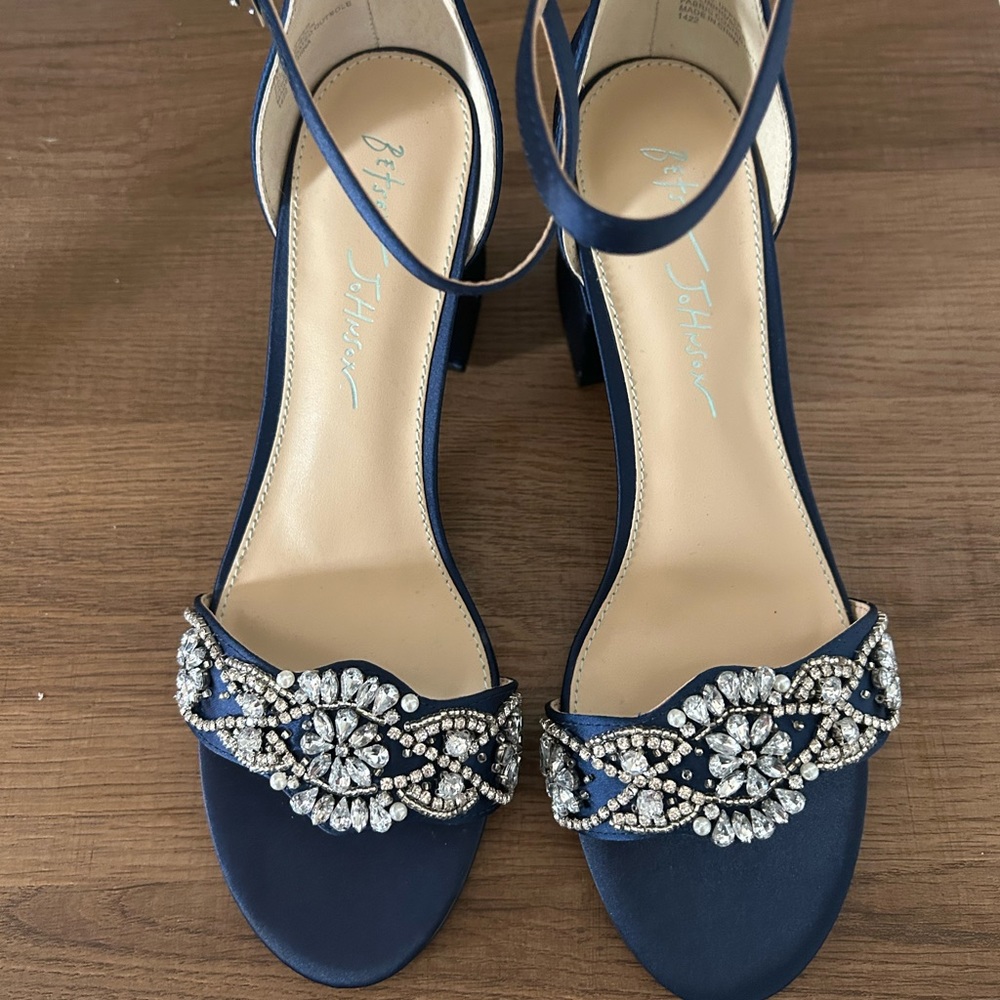 Betsey Johnson Navy Blue Rhinestone Floral Heeled Sandals